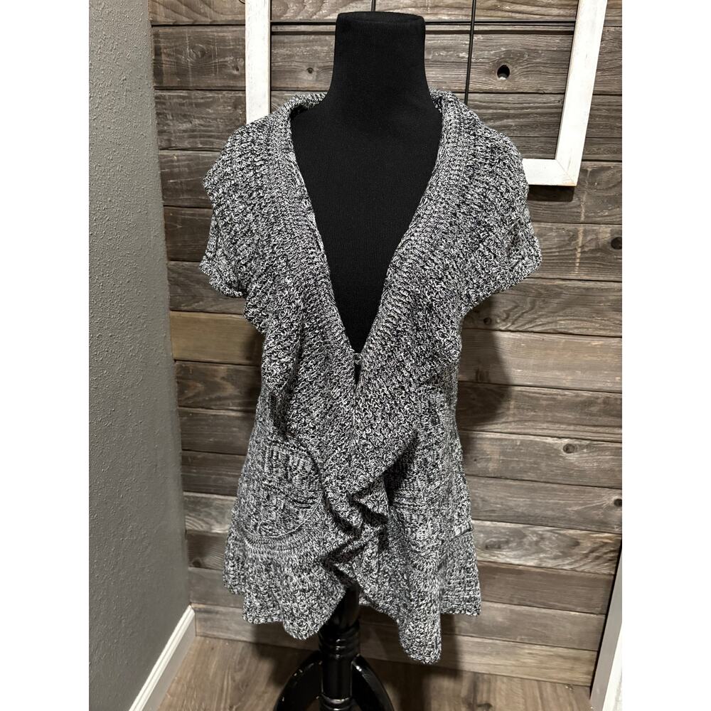 Style & Co ruffled front cardigan gray white knit sweater women's size small